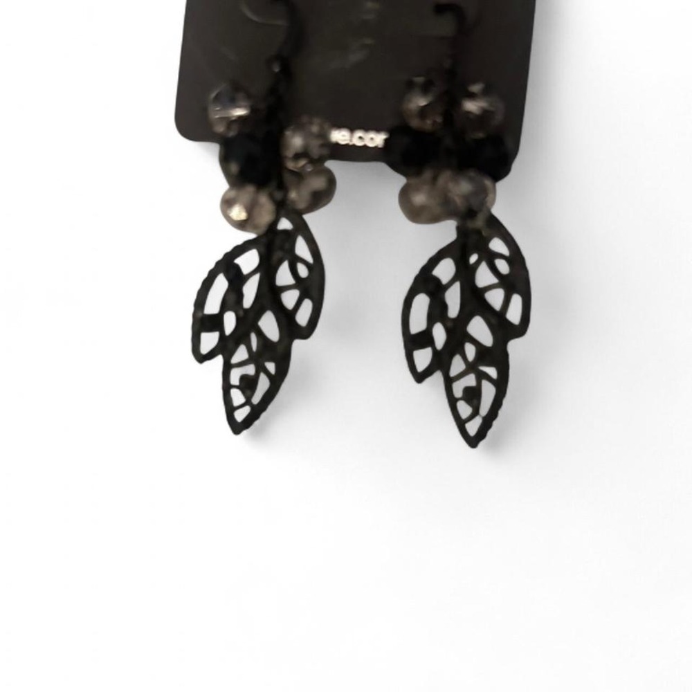 Black leaf earrings with rhinestone‎ accents #gothjewellery black leaf,